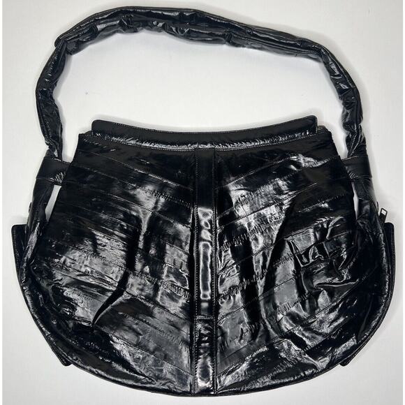 Vintage Eel Skin Leather Satchel Glossy Black Zip Top Adjustable Strap Bag 80s - Picture 2 of 6